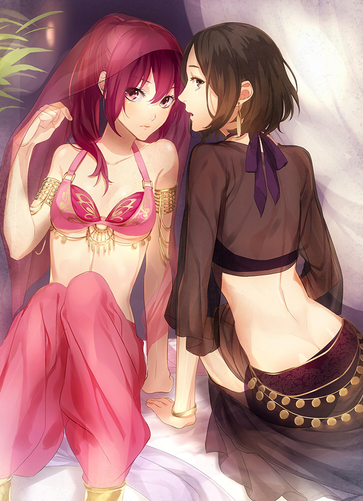 10s, 2girls, amakata_miho, arabian_clothes, arm_support, armlet, bad_id, bad_pixiv_id, bangle, bed_sheet, bra, bracelet, brown_eyes, brown_hair, curtains, ear_ornament, free!, harem_outfit, harem_pants, jewelry, leaf, long_hair, looking_at_viewer, matsuoka_gou, multiple_girls, open_mouth, pants, ponytail, red_bra, red_eyes, red_hair, see-through_clothes, shirosaki_(233144), short_hair, sitting, underwear, veil, yuri