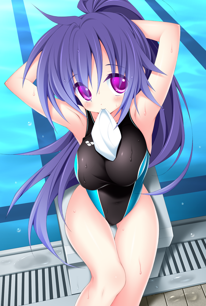 1girl, adjusting_hair, armpits, arms_up, blue_hair, competition_swimsuit, female_focus, from_above