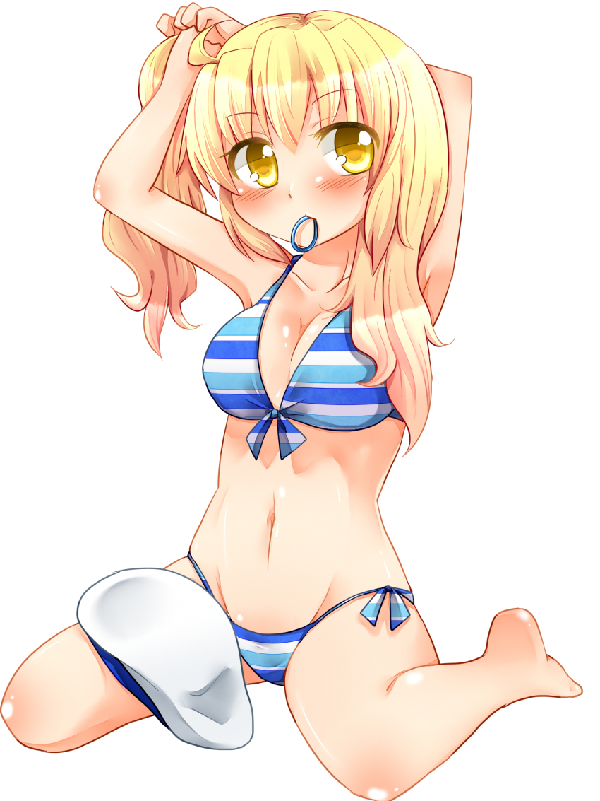 1girl, adjusting_hair, bikini, blonde_hair, breasts, bunching_hair, cleavage, female_focus, front-tie_top, hat, highres, kitashirakawa_chiyuri, long_hair, minaminami_namino, mouth_hold, navel, rubber_band, shiny_skin, side-tie_bikini_bottom, sitting, solo, striped_bikini, striped_clothes, swimsuit, touhou, touhou_(pc-98), tying_hair, unworn_hat, unworn_headwear, wariza, yellow_eyes
