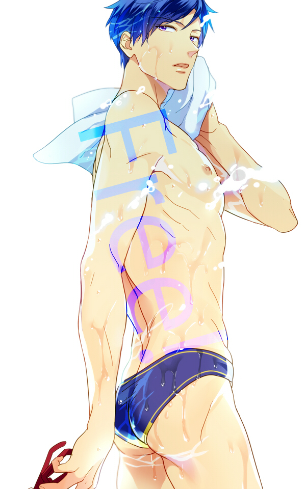 10s, 1boy, ass, blue_eyes, blue_hair, blue_male_swimwear, blue_swim_briefs, copyright_name