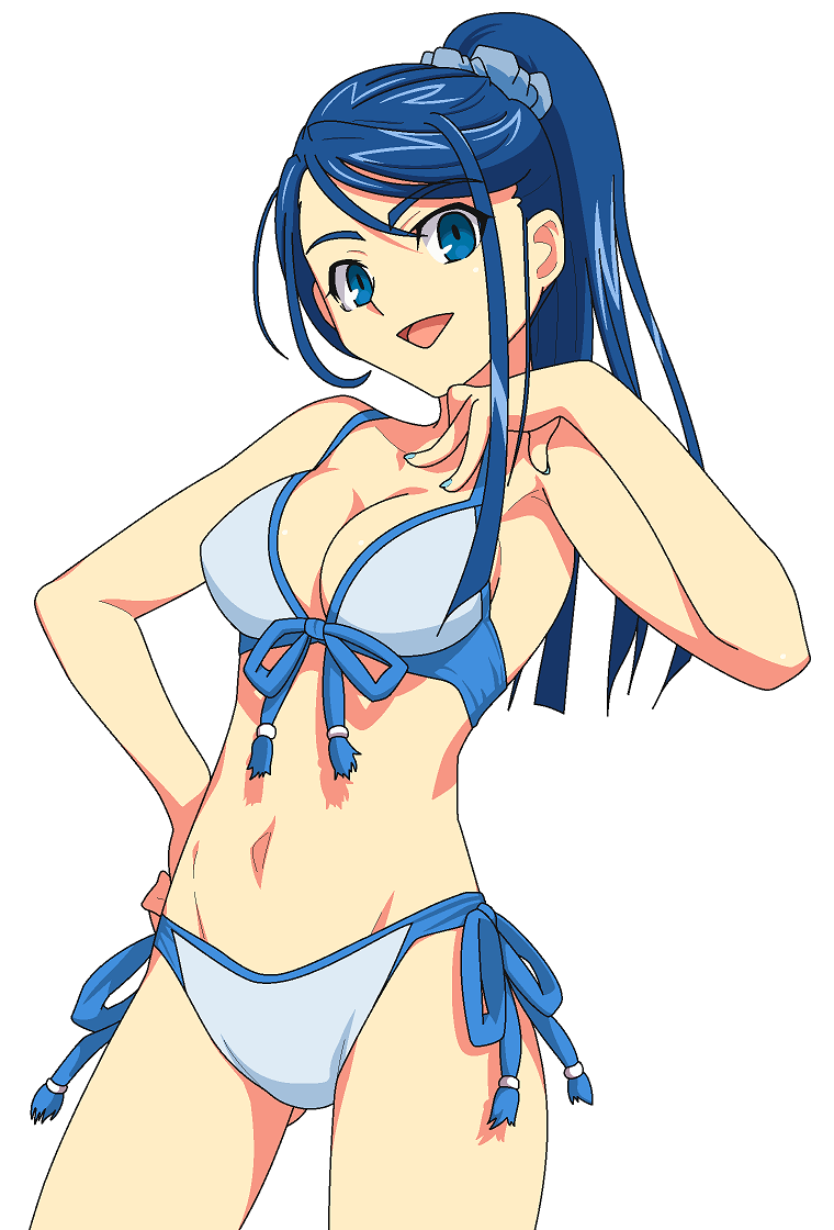 00s, 1girl, bikini, blue_bikini, blue_eyes, blue_hair, derivative_work, female_focus, front-tie_top, j9mz23, long_hair, matching_hair/eyes, minazuki_karen, parted_lips, ponytail, precure, side-tie_bikini_bottom, solo, swimsuit, yes!_precure_5