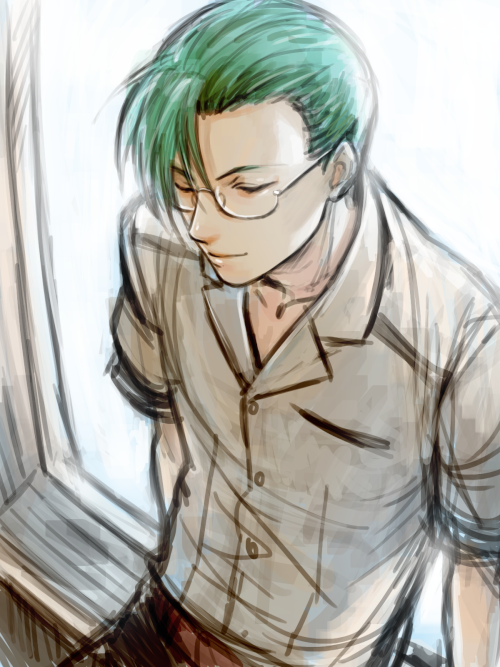 1boy, closed_eyes, green_hair, hikami_itaru, male_focus, piyo, school_uniform, short_hair, sitting, smile, solo, tokimeki_memorial, tokimeki_memorial_girl's_side, tokimeki_memorial_girl's_side_2nd_kiss