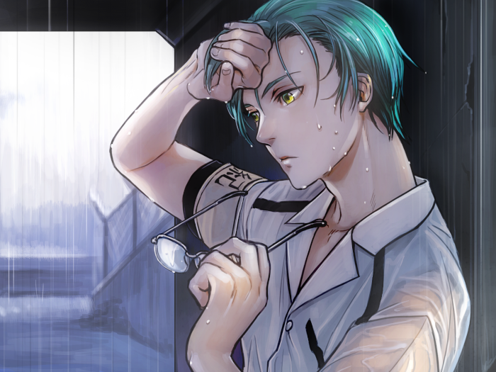 1boy, glasses, green_hair, hikami_itaru, male_focus, piyo, school_uniform, solo