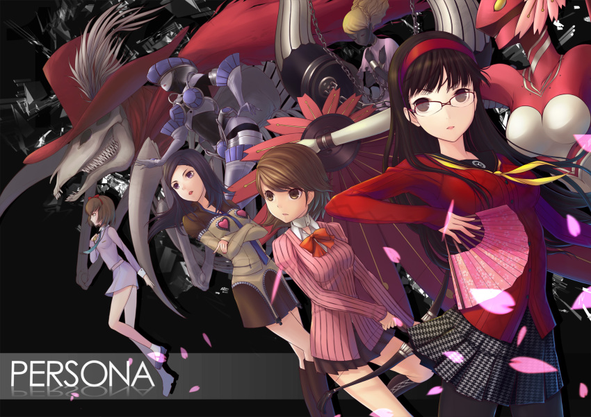 4girls, amagi_yukiko, amano_maya, armor, artemis_(persona_2), atlus, black_hair, black_skin, blonde_hair, boots, bow_(weapon), brown_eyes, brown_hair, colored_skin, crossed_arms, e_neko, glasses, hairband, hand_fan, highres, io_(megami_tensei), konohana_sakuya_(persona), lipstick, makeup, megami_tensei, multiple_girls, necktie, pale_skin, pantyhose, persona, persona_1, persona_2, persona_3, persona_4, petals, purple_eyes, ribbed_sweater, ribbon, shin_megami_tensei, skirt, sonomura_maki, sweater, takeba_yukari, weapon