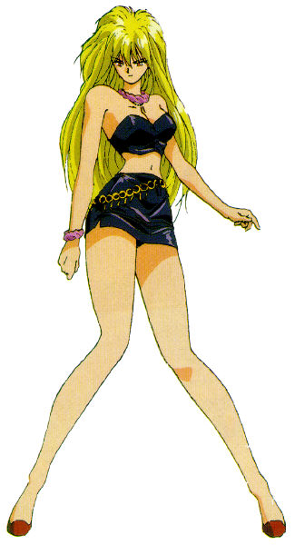1990s_(style), 1girl, bare_arms, bare_legs, bare_shoulders, blonde_hair, breasts, crop_top, facing_viewer, female_focus, full_body, hirano_toshihiro, iczelion, iczer_(series), jewelry, long_hair, long_legs, looking_at_viewer, medium_breasts, midriff, miniskirt, nami_(iczelion), narrow_waist, navel, necklace, no_socks, official_art, panties, panty_peek, pencil_skirt, red_shoes, retro_artstyle, shirt, shoes, simple_background, skirt, solo, standing, strapless, strapless_shirt, teenage_girl_and_younger_boy, underwear, white_background