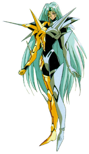 1990s_(style), 1girl, aqua_hair, armor, bodysuit, cross_(iczelion), cyborg, female_focus, hirano_toshihiro, iczelion, iczer_(series), long_hair, official_art, retro_artstyle, solo, standing, very_long_hair, white_background
