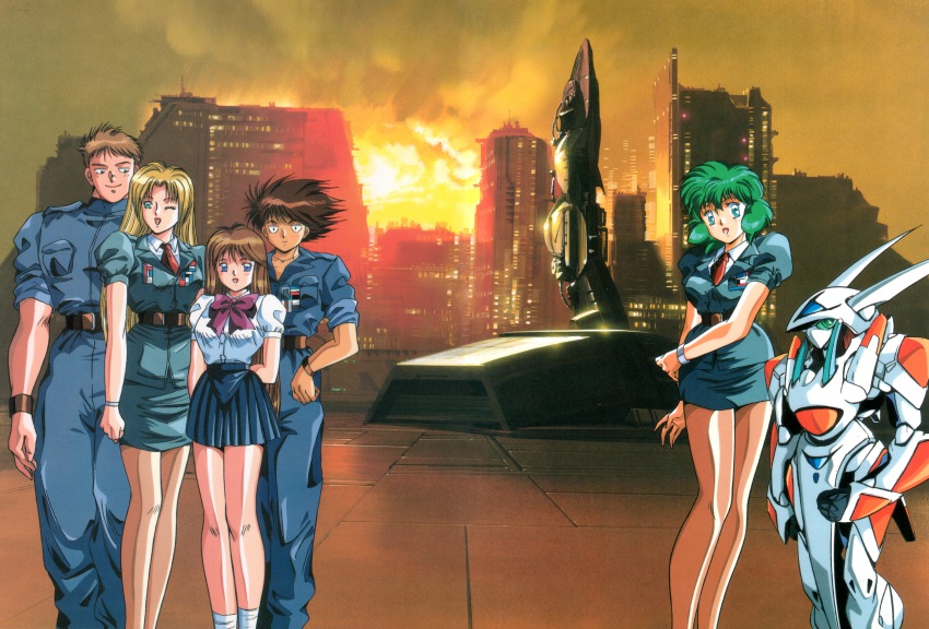 1990s_(style), 1girl, 2boys, absurdres, belt, blonde_hair, blue_skirt, bow, bracelet, breasts, brown_hair, building, city, cloud, cloudy_sky, collared_shirt, cropped_legs, green_hair, hand_on_own_hip, highres, hirano_toshihiro, iczelion, iczer_(series), jewelry, kai_nagisa, kawai_kawai, long_hair, long_legs, looking_at_viewer, miniskirt, multiple_boys, nami_(iczelion), necktie, official_art, one_eye_closed, outdoors, pleated_skirt, police, police_uniform, policeman, policewoman, puffy_short_sleeves, puffy_sleeves, purple_bow, retro_artstyle, robot, shirt, short_hair, short_sleeves, skirt, sky, socks, spiked_hair, standing, white_legwear, white_shirt, wink