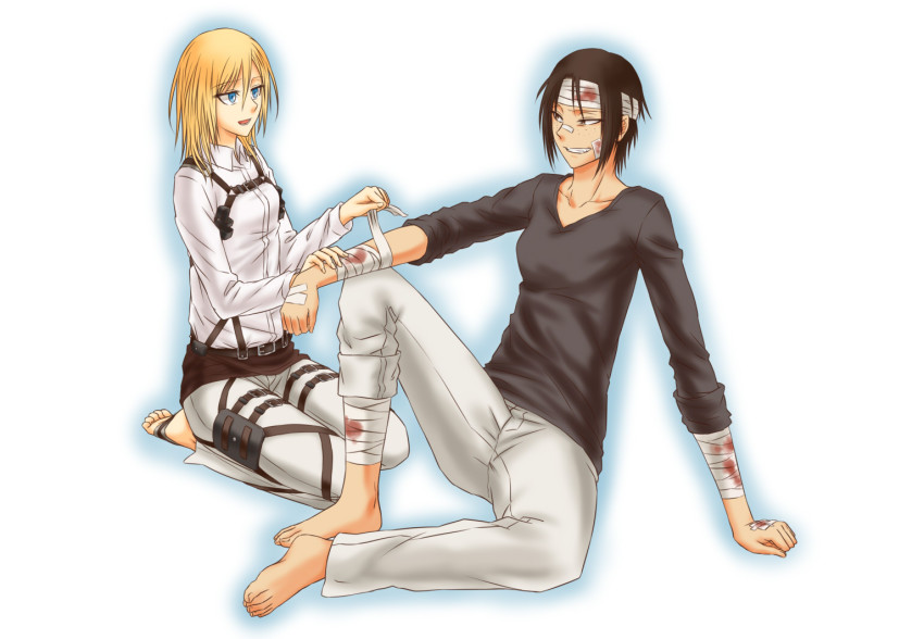 2girls, arm_support, bandages, bandaid, barefoot, black_hair, blonde_hair, blood
