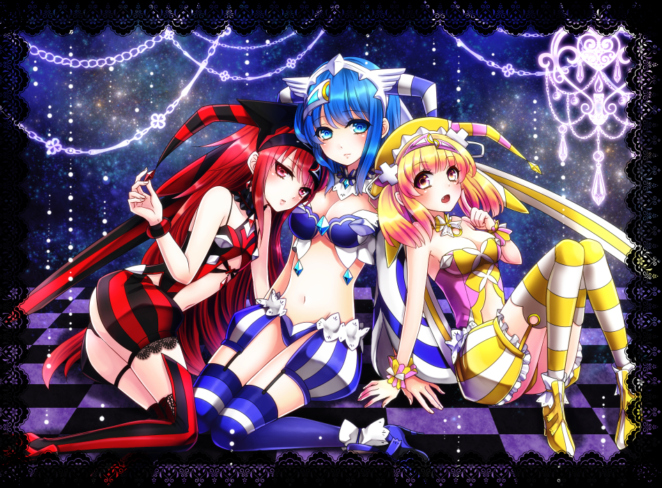 3girls, aka_no_ripika, ao_no_rupika, bare_shoulders, beatmania_iidx, beatmania_iidx_20_tricoro, bemani, blonde_hair