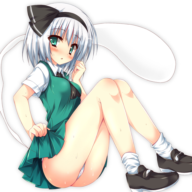 1girl, ass, blush, female_focus, green_eyes, hair_ribbon, huei_nazuki, konpaku_youmu, konpaku_youmu_(ghost), md5_mismatch, panties, pantyshot, resolution_mismatch, ribbon, short_hair, silver_hair, sitting, solo, source_larger, sweat, touhou, underwear, white_panties