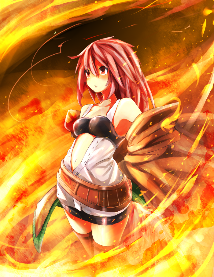 1girl, breasts, duel_monster, female_focus, fire, hiita, hiita_(yu-gi-oh!), hiita_the_fire_charmer, looking_away, medium_breasts, red_eyes, red_hair, shaded_face, skirt, solo, suno-pi, yu-gi-oh!, yu-gi-oh!_duel_monsters