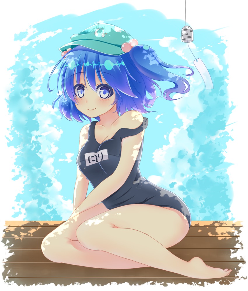 1girl, bad_id, bad_pixiv_id, barefoot, blue_eyes, blue_hair, breasts, cloud