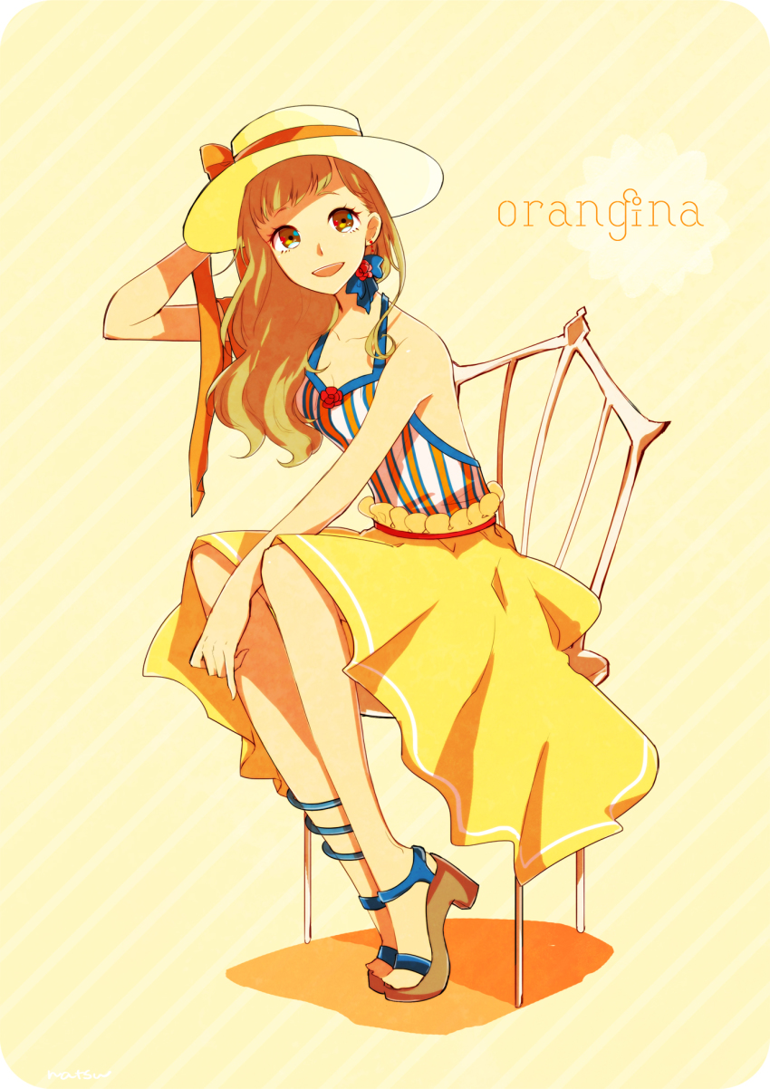 1girl, anklet, bare_legs, bare_shoulders, brown_eyes, brown_hair, chair, earrings, female_focus, full_body, hand_on_headwear, hat, hat_ribbon, high_heel_sandals, high_heels, highres, jewelry, legs_together, long_hair, natsu_no_jin, orangina, original, ribbon, sandals, sitting, skirt, smile, solo, striped, stud_earrings, sun_hat, vertical_stripes