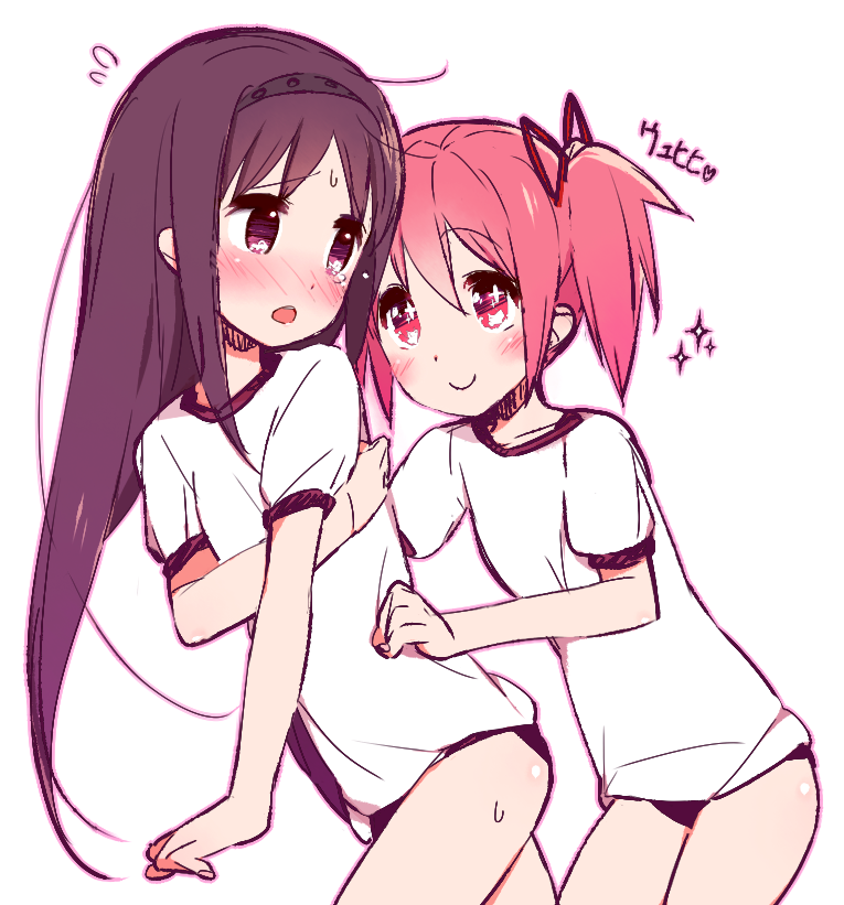 10s, 2girls, :o, akemi_homura, black_hair, blush, buruma, female_focus, flying_sweatdrops, gym_uniform, hairband, hand_on_another's_hip, kaname_madoka, long_hair, mahou_shoujo_madoka_magica, mahou_shoujo_madoka_magica_(anime), megahomu, muhogame, multiple_girls, open_mouth, pink_eyes, pink_hair, ribbon, short_twintails, simple_background, smile, sparkle, sweat, tears, twintails, underwear, white_background, yuri
