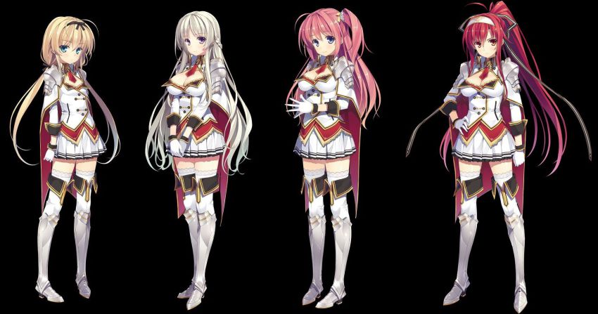 4girls, armor, armored_dress, black_background, blonde_hair, blue_eyes, boots, breasts