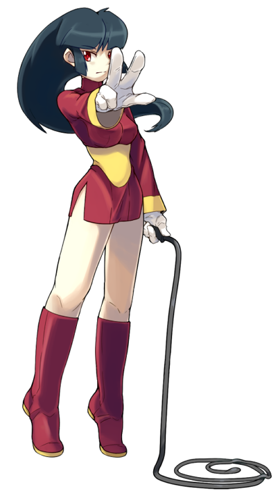 1990s_(style), 1girl, bare_legs, black_hair, boots, female_focus, gloves, gym_leader