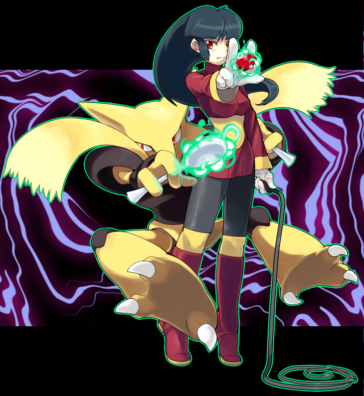 1990s_(style), 1girl, alakazam, aura, black_hair, black_pantyhose, boots, gen_1_pokemon