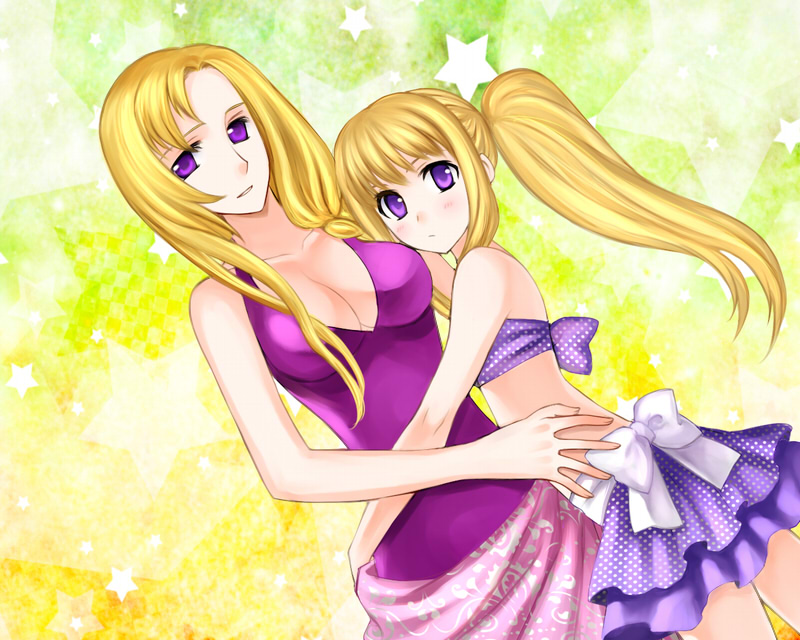 2girls, bikini, bikini_skirt, blonde_hair, blush, bo_(774berry), bow, breasts