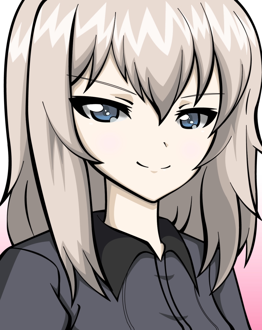 10s, blue_eyes, closed_mouth, collared_jacket, girls_und_panzer, grey_hair, guderian, hair_between_eyes, half-closed_eyes, highres, itsumi_erika, jacket, kuromorimine_school_uniform, medium_hair, military, school_uniform, simple_background, smile, solo, white_background