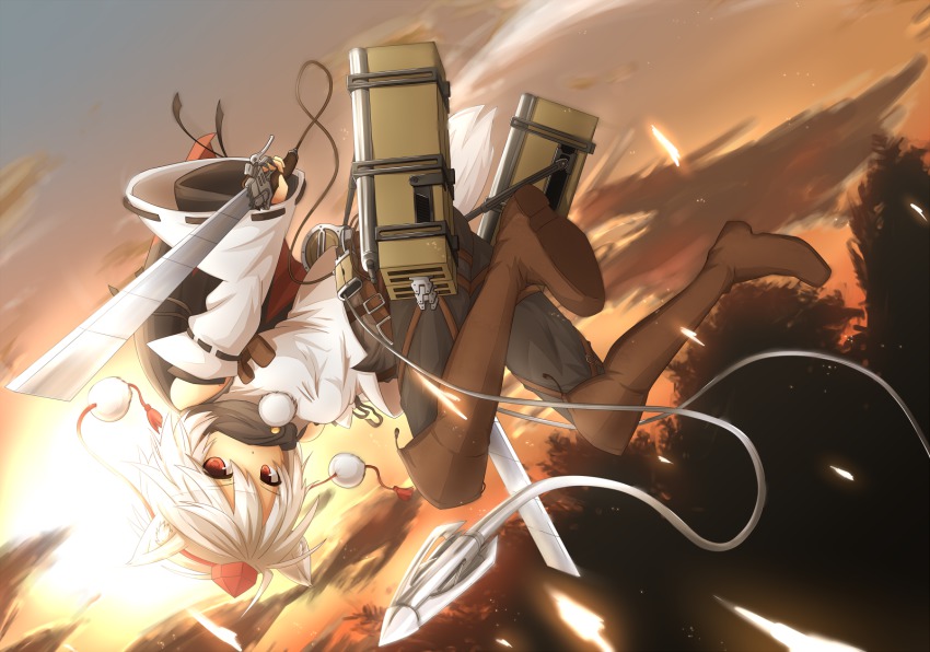 1girl, animal_ears, belt, boots, crossover, detached_sleeves, dual_wielding, female_focus