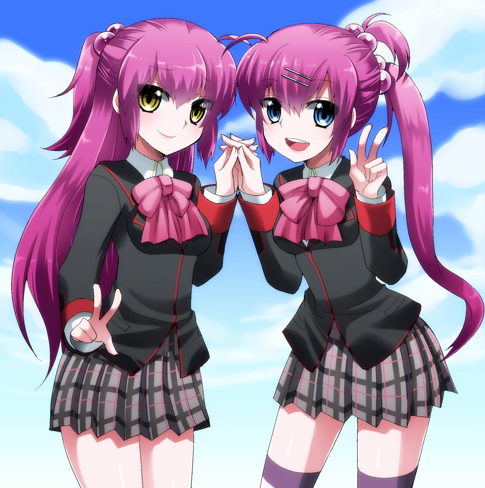 2girls, blue_eyes, brown_eyes, emappo, futaki_kanata, hair_bobbles, hair_ornament, holding_hands