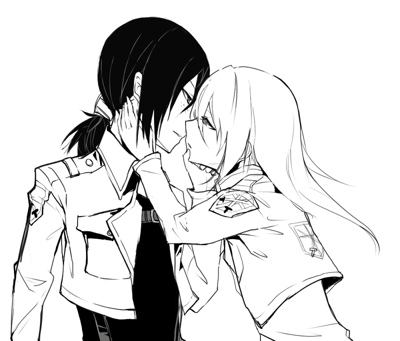 2girls, ashthorn, bad_id, krista_lenz, freckles, grabbing_another's_chin, greyscale, hand_on_another's_chin