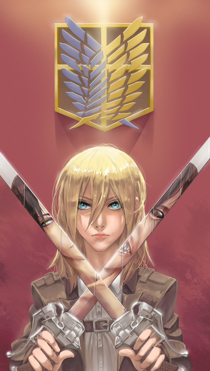 2girls, absurdres, black_sclera, blade, blonde_hair, blue_eyes, brown_hair, colored_sclera, d.i.chock_(0kino0), dual_wielding, freckles, hair_between_eyes, highres, holding, insignia, jacket, jaw_titan, krista_lenz, long_hair, military, military_uniform, monster, multiple_girls, reflection, shingeki_no_kyojin, short_hair, solo_focus, spoilers, three-dimensional_maneuver_gear, titan_(shingeki_no_kyojin), weapon, yellow_eyes, ymir_(shingeki_no_kyojin)