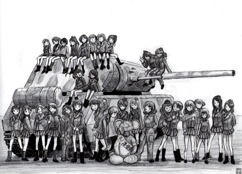 10s, 6+girls, boots, caterpillar_tracks, garrison_cap, girls_und_panzer, graphite_(medium), group_picture