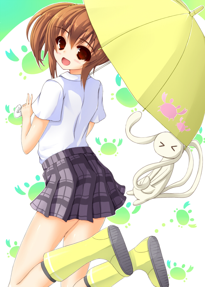 10s, 1girl, :d, aiura, amaya_kanaka, bad_id, bad_pixiv_id, blush, boots, brown_eyes, brown_hair, female_focus, jumping, looking_back, nagi_uru, open_mouth, plaid_clothes, plaid_skirt, rubber_boots, school_uniform, short_hair, side_ponytail, skirt, smile, solo, stuffed_animal, stuffed_rabbit, stuffed_toy, umbrella