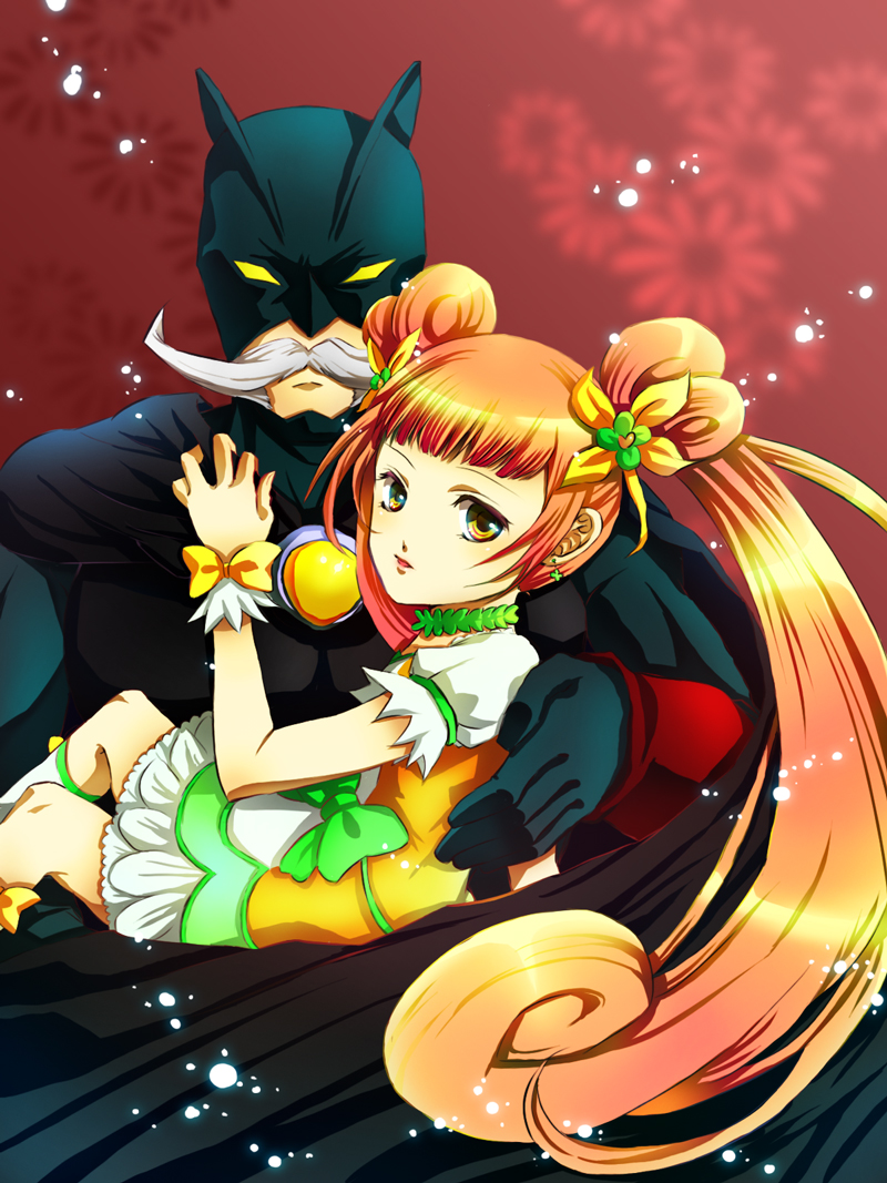 1boy, 1girl, bad_id, bad_pixiv_id, batman, batman_(cosplay), batman_(series), boots, brown_eyes, brown_hair, carrying, choker, cosplay, cure_rosetta, dc_comics, dokidoki!_precure, double_bun, dress, facial_hair, hair_bun, hair_ornament, handlebar_mustache, long_hair, magical_girl, matsuke_sasaru, mustache, open_mouth, parody, precure, princess_carry, puffy_sleeves, ribbon, sebastian_(precure), twintails, wrist_cuffs, yotsuba_alice