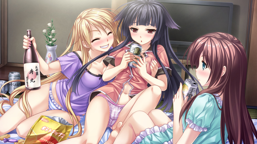 3girls, ^_^, alcohol, barefoot, beer, beer_can, black_hair, blonde_hair, blush, bottle, brand_name_imitation, breasts, brown_hair, can, cleavage, closed_eyes, dress, drink, drink_can, drunk, fusehime_(tsukumo_no_kanade), game_cg, green_eyes, grin, highres, kujou_karen_(tsukumo_no_kanade), long_hair, medium_breasts, misumi_aina, multiple_girls, navel, no_pants, panties, pink_panties, plaid_clothes, plaid_panties, red_eyes, saeki_hokuto, sake, sake_bottle, sitting, smile, striped_clothes, striped_panties, television, tsukumo_no_kanade, underwear, vase