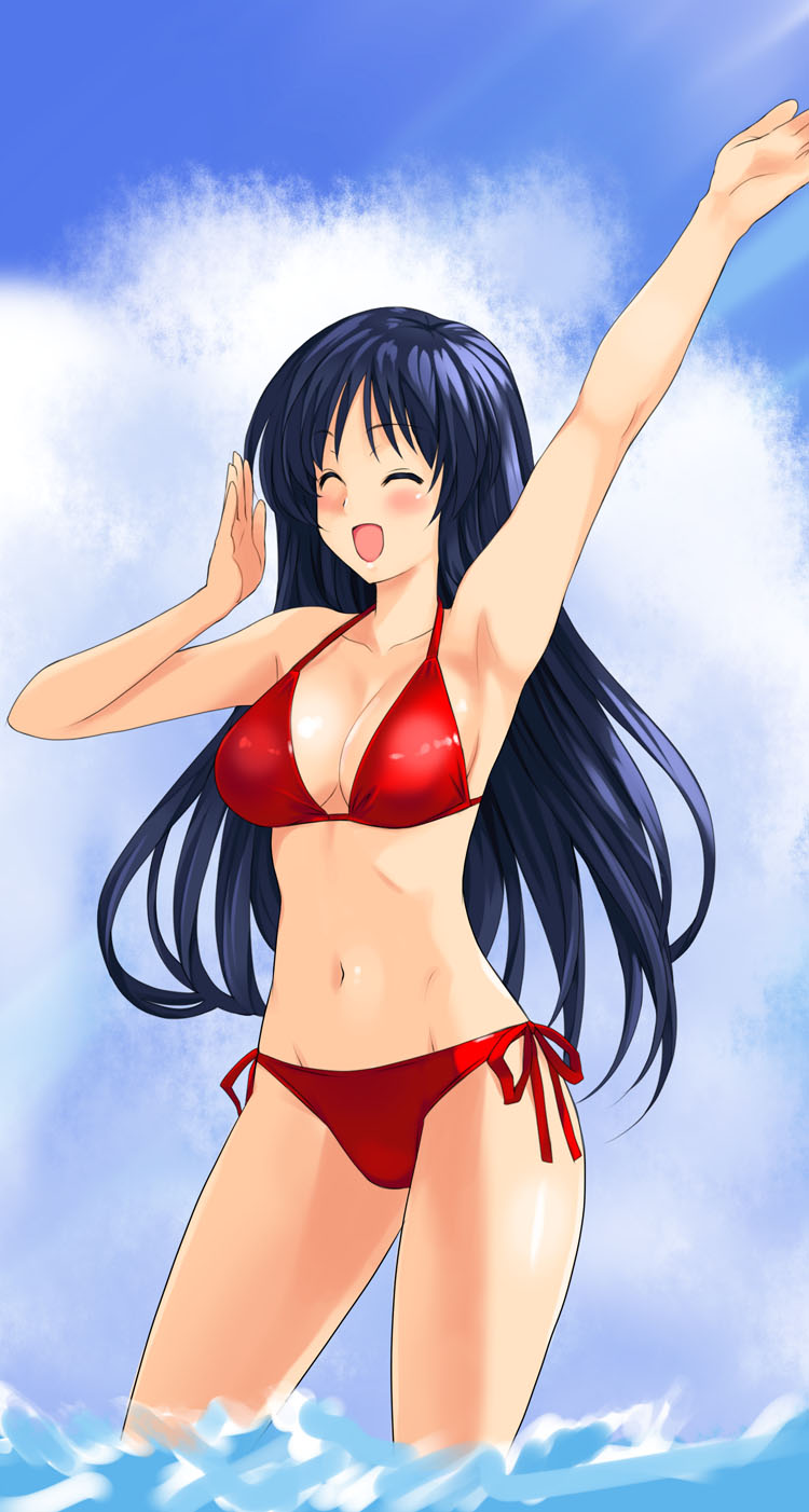 1girl, ^_^, armpits, bad_id, bad_pixiv_id, bikini, black_hair, blush