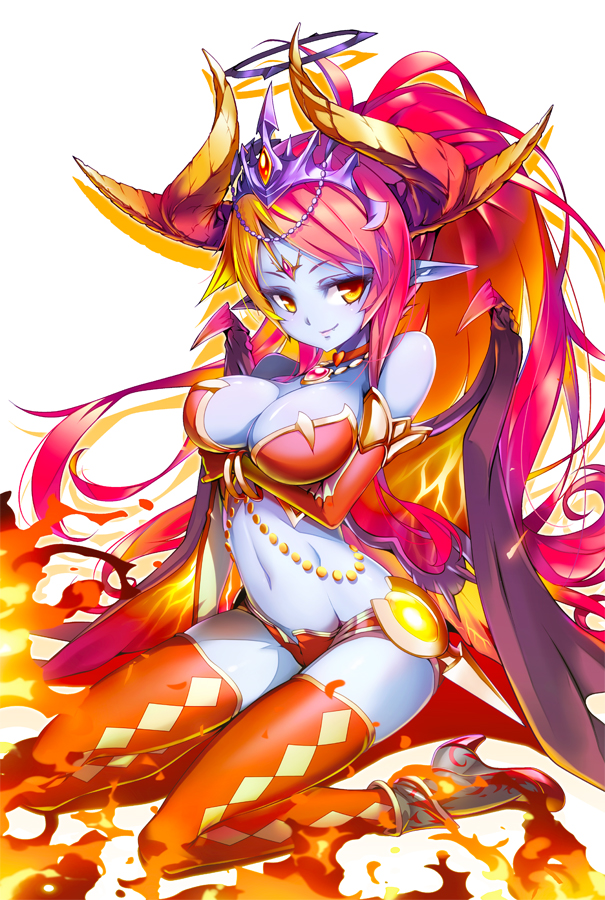 1girl, argyle_clothes, argyle_thighhighs, bangle, blonde_hair, blue_skin, bracelet, breast_hold, breasts, choker, cleavage, colored_skin, crown, elbow_gloves, female_focus, fire, gloves, gradient_hair, halo, hera-ur_(p&amp;d), hera_(p&amp;d), high_heels, hong_(white_spider), horns, jewelry, long_hair, lots_of_jewelry, midriff, multicolored_hair, navel, panties, pendant, pointy_ears, ponytail, purple_hair, puzzle_&amp;_dragons, red_gloves, red_panties, red_thighhighs, shoes, sitting, smile, solo, thighhighs, underwear, wariza, wings, yellow_eyes