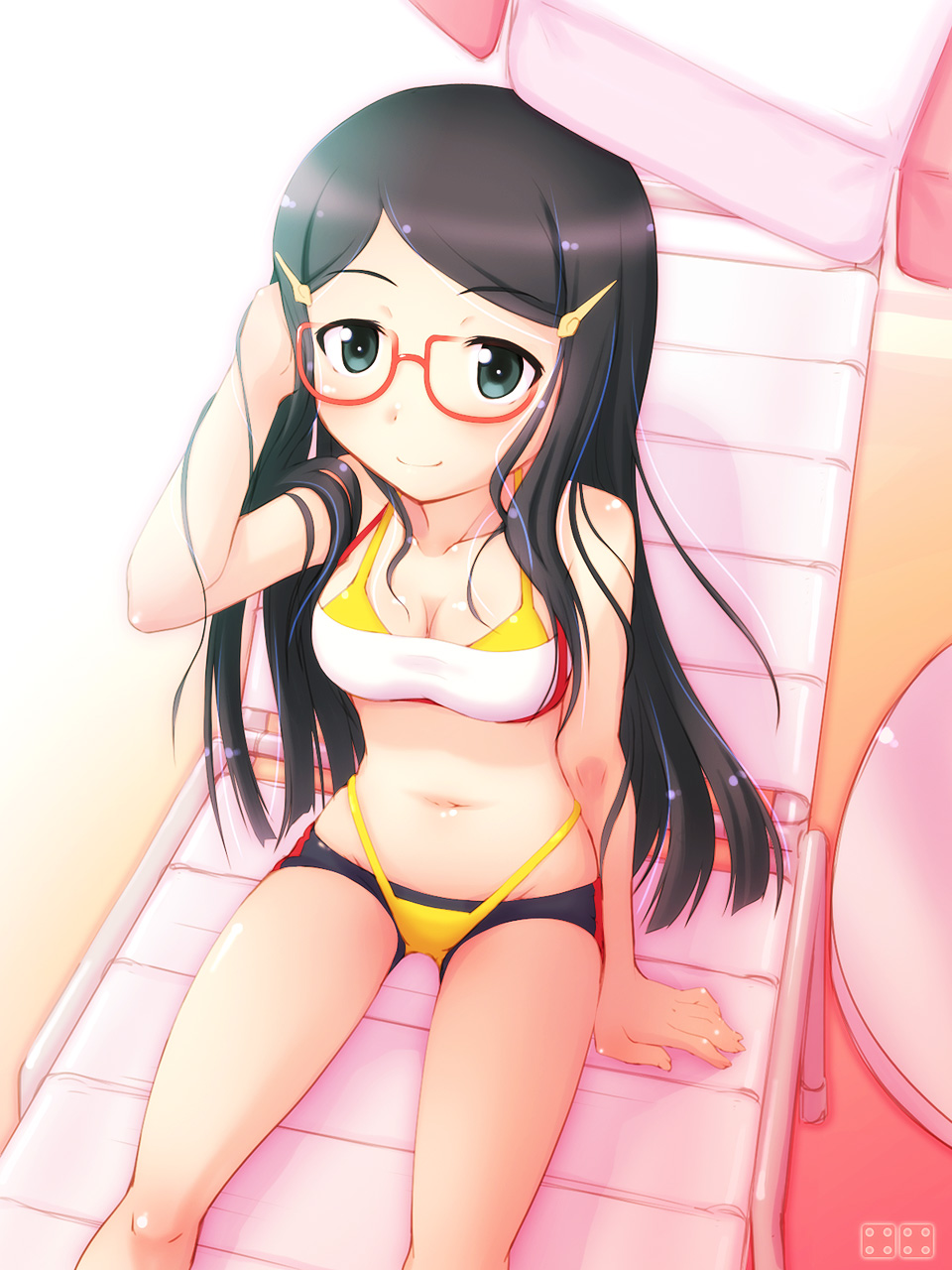 1girl, beach, bikini, black_eyes, black_hair, breasts, chair, chousoku_henkei_gyrozetter