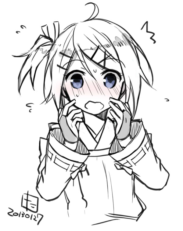 10s, 1girl, 2013, blush, dated, female_focus, japanese_clothes, kagamine_rin