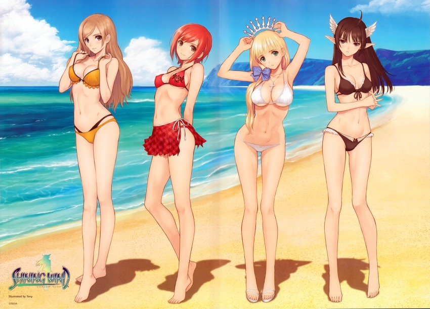 4girls, arms_behind_back, artist_name, beach, bikini, black_hair, blonde_hair, bow, breasts, brown_eyes, brown_hair, clalaclan_philias, cleavage, copyright_name, crease, covered_erect_nipples, green_eyes, hair_bow, hair_over_shoulder, large_breasts, long_hair, long_legs, multiple_girls, official_art, pointy_ears, red_hair, scan, seena_kanon, sega, shining_(series), shining_wind, short_hair, side-tie_bikini_bottom, smile, swimsuit, tiara, tony_taka, touka_kureha, underboob, xecty_ein