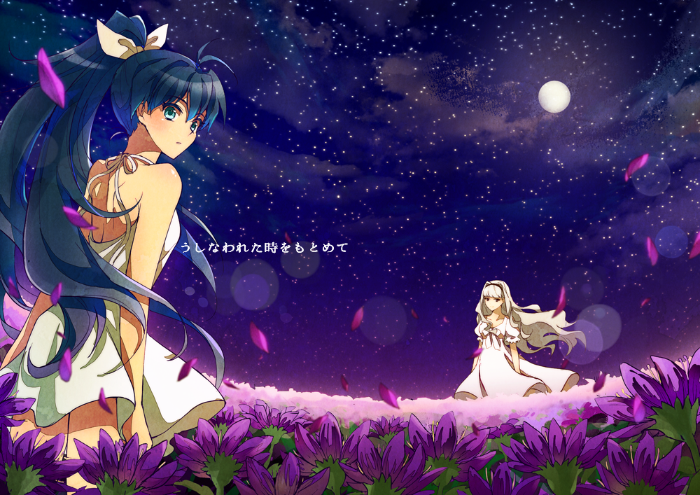 2girls, akihiro, bad_id, bad_pixiv_id, black_hair, blue_eyes, female_focus, field, flower, ganaha_hibiki, grey_hair, idolmaster, idolmaster_(classic), long_hair, looking_back, multiple_girls, ponytail, ribbon, shijou_takane, star_(symbol), text_focus, translated