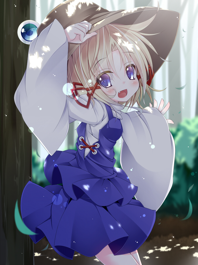 1girl, blonde_hair, blue_eyes, blush, fang, female_focus, forest, futase_hijiri