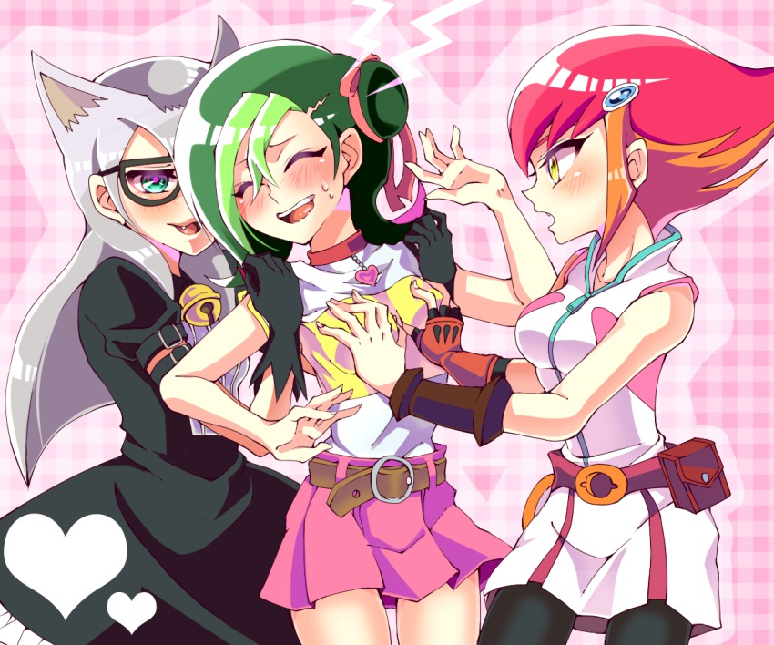 3girls, bad_id, bad_pixiv_id, blush, cathy_(yu-gi-oh!), glasses, groping, image_sample, kouzuki_anna, mizuki_kotori_(yu-gi-oh!), multicolored_hair, multiple_girls, ochi, pixiv_sample, silver_hair, two-tone_hair, yu-gi-oh!, yu-gi-oh!_zexal, yuri, yuu-gi-ou, yuu-gi-ou_zexal