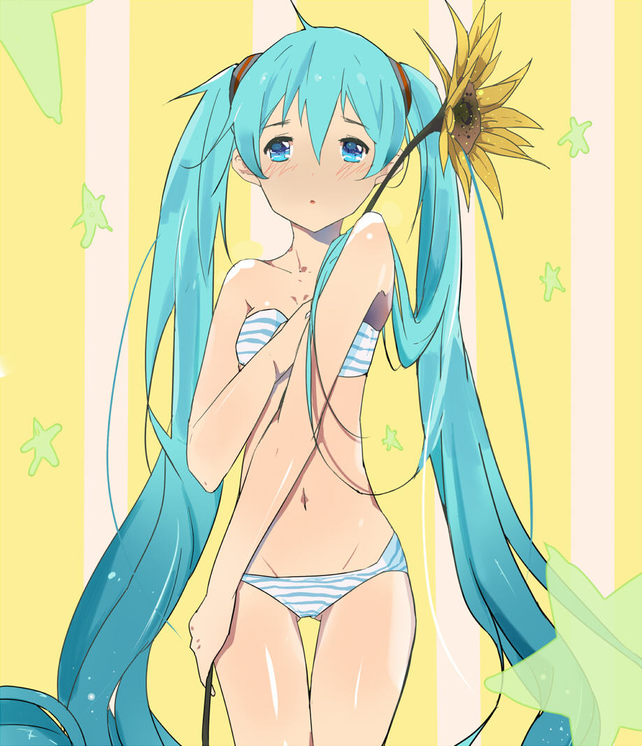 1girl, aqua_eyes, aqua_hair, bad_id, bad_pixiv_id, bra, female_focus, flower, hatsune_miku, long_hair, navel, panties, shutun, solo, strapless, strapless_bra, striped_background, striped_bra, striped_clothes, striped_panties, thigh_gap, twintails, underwear, underwear_only, very_long_hair, vocaloid, youmonii