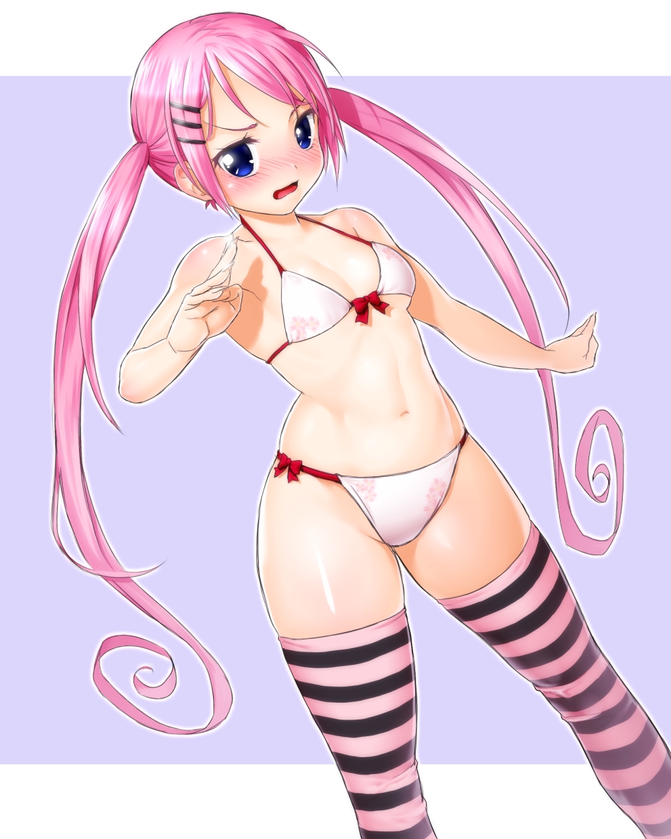 1girl, bikini, blue_eyes, blush, breasts, dutch_angle, female_focus, hair_ornament, hairclip, highres, inuzuka_shino, long_hair, looking_at_viewer, navel, nejimaki_kagyuu, onsoku_inu, open_mouth, pink_hair, small_breasts, solo, striped_clothes, striped_thighhighs, swimsuit, thighhighs, twintails, very_long_hair, white_bikini