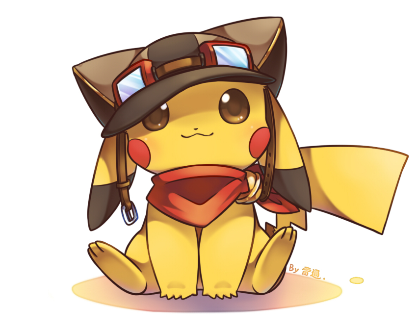 :3, aviator_cap, bad_id, bad_pixiv_id, bandana, bell, clothed_pokemon, gen_1_pokemon, goggles, hat, jimmy2929, jingle_bell, nintendo, no_humans, pikachu, pokemon, pokemon_(creature), sitting