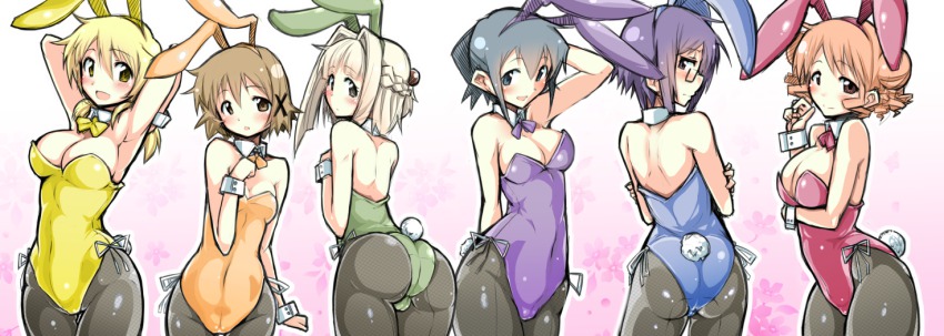 6+girls, animal_ears, ass, back-seamed_legwear, black_hair, blonde_hair, blue_eyes, bow