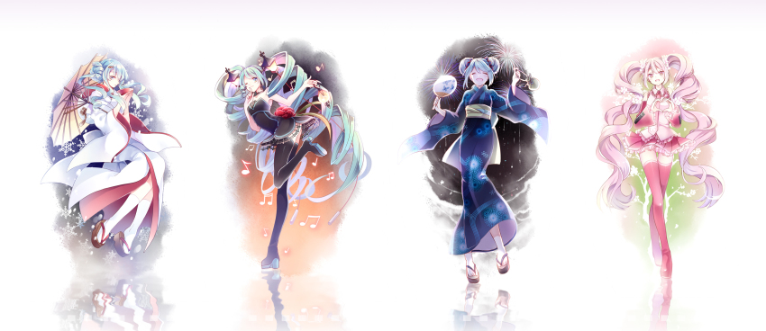 4girls, boots, choker, closed_eyes, crossed_legs, detached_sleeves, double_bun, festival