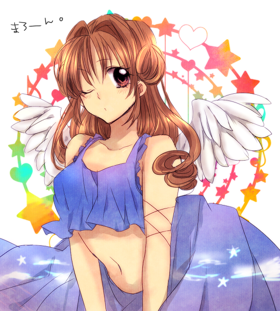 1990s_(style), 1girl, angel_wings, arched_back, brown_eyes, brown_hair, crop_top, crop_top_overhang