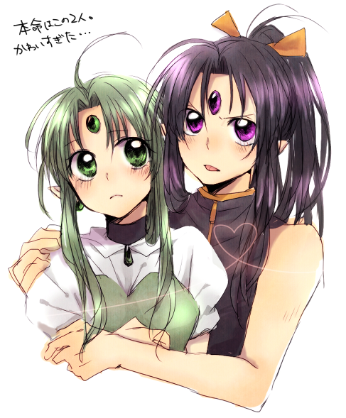 1990s_(style), 1boy, 1girl, :p, access_time, ahoge, blush, couple, finn_fish, gem, green_eyes, green_hair, hand_on_shoulder, heart, heart_of_string, hetero, kamikaze_kaitou_jeanne, long_hair, pocky1202, pointy_ears, ponytail, purple_eyes, purple_hair, sleeveless, tongue, tongue_out, translation_request, upper_body