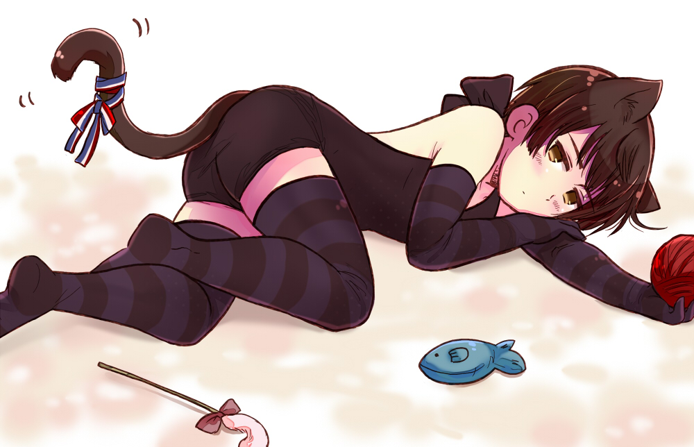 1boy, androgynous, animal_ears, ass, axis_powers_hetalia, black_thighhighs, blush, brown_eyes, brown_hair, cat_boy, cat_ears, cat_tail, elbow_gloves, fish, gloves, japan_(hetalia), kuro_(parade), lying, male_focus, on_side, short_hair, solo, striped_clothes, striped_thighhighs, tail, thighhighs, unitard, yarn, yarn_ball