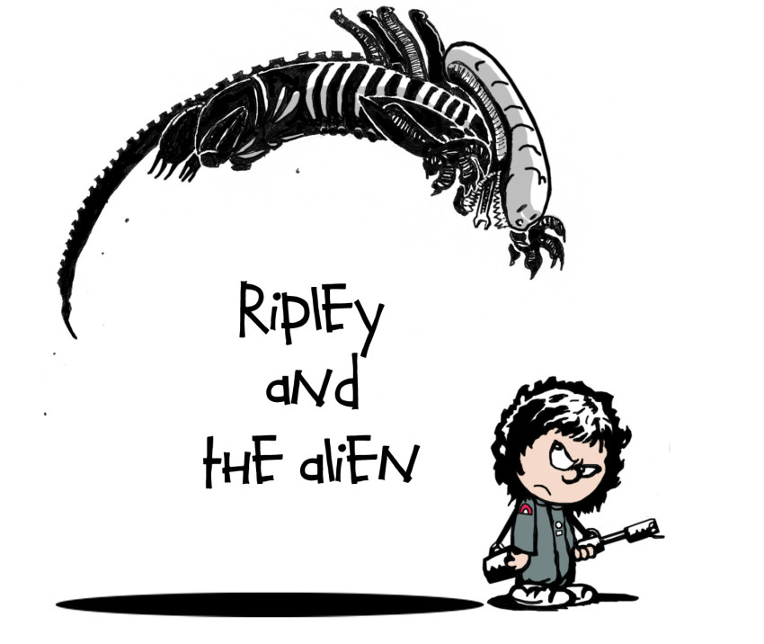 1girl, alien, alien_(1979), alien_(series), bill_watterson_(style), black_hair, calvin_&amp;_hobbes, ellen_ripley