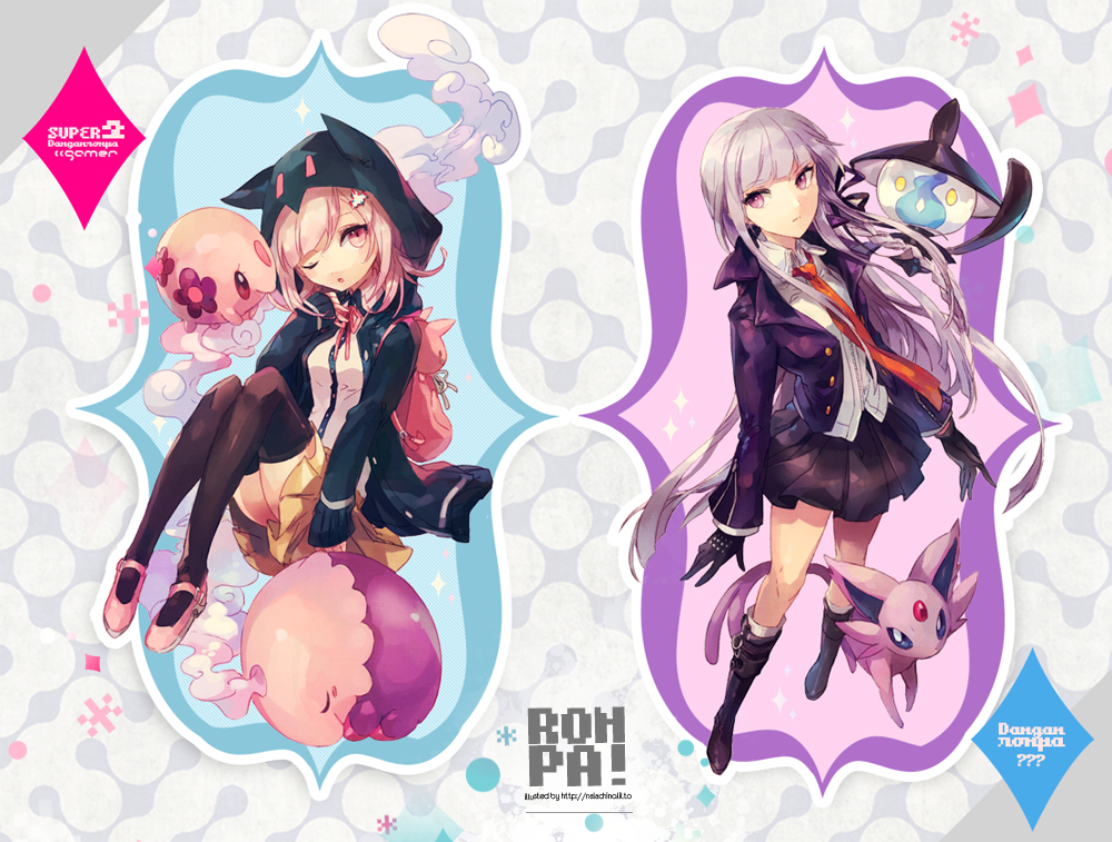10s, 2girls, bag, boots, braid, crossover, danganronpa:_trigger_happy_havoc, danganronpa_(series)