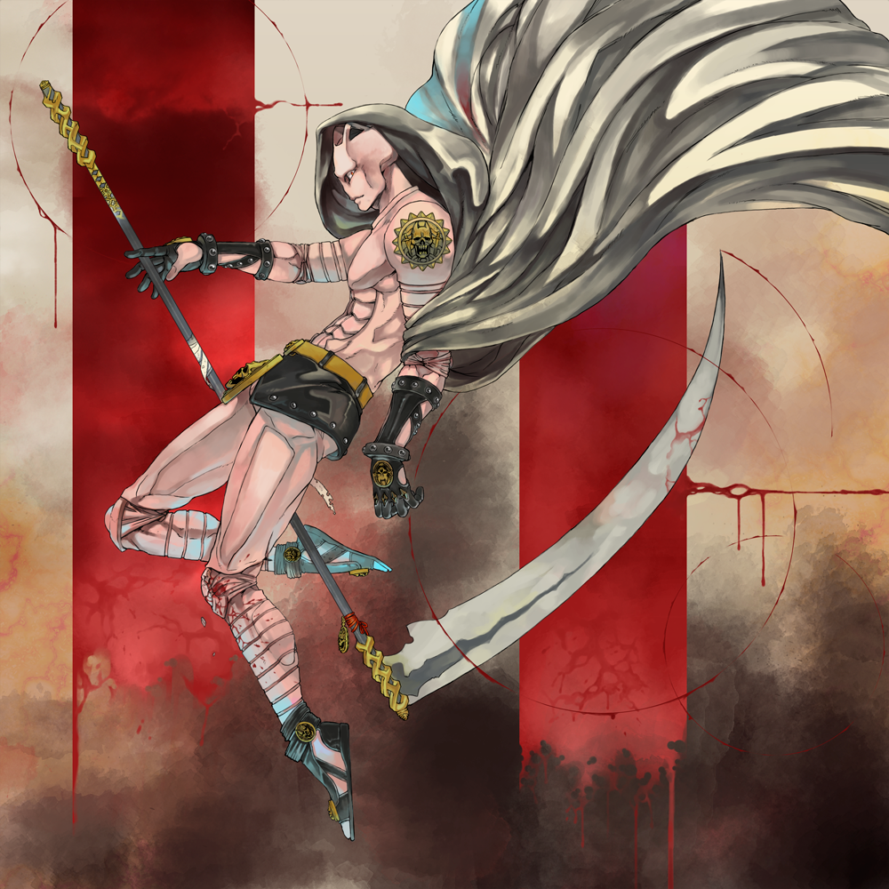 1boy, cape, cloak, hood, jojo_no_kimyou_na_bouken, killer_queen, male_focus, scythe